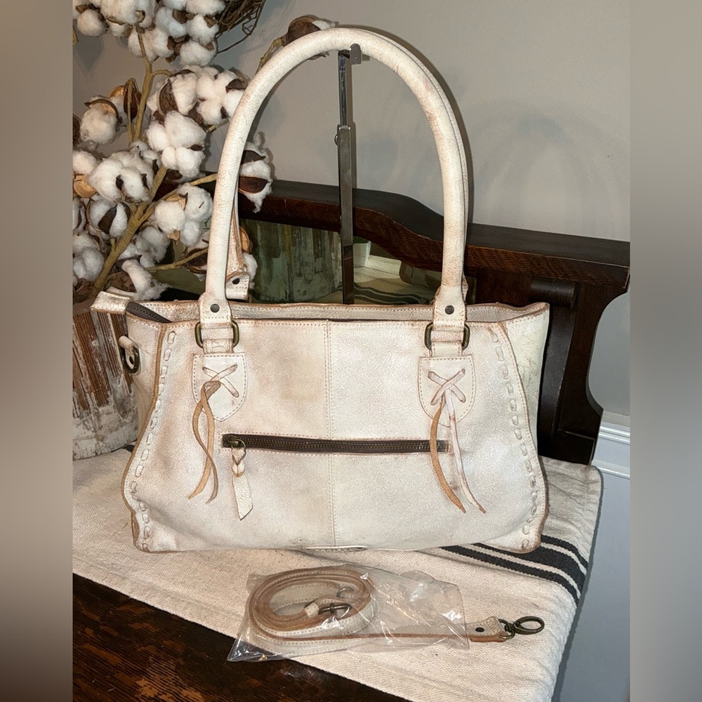 NWT Bed Stu Rockababy Patchwork Satchel Crossbody Bag Tan Nectar Lux MSRP $335 - Picture 2 of 11